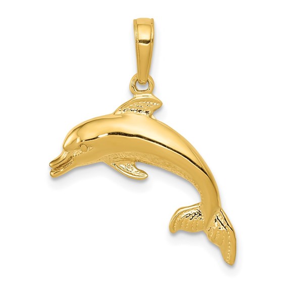 14k Yellow Gold Small Dolphin Nautical Swimming Necklace Charm Pendant, Unisex